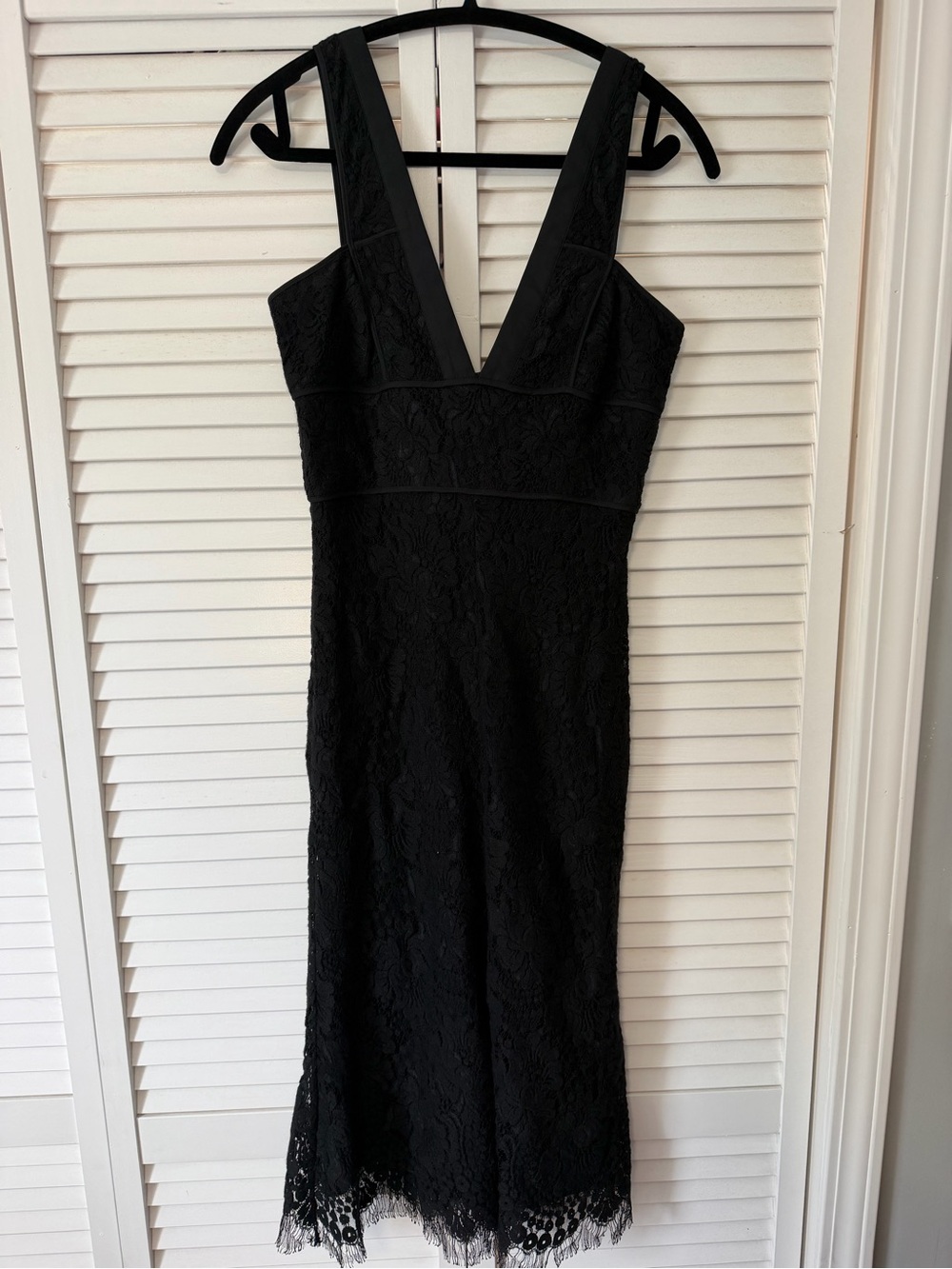 Victoria Beckham Black Lace V-Neck Midi Dress with Scalloped Hem